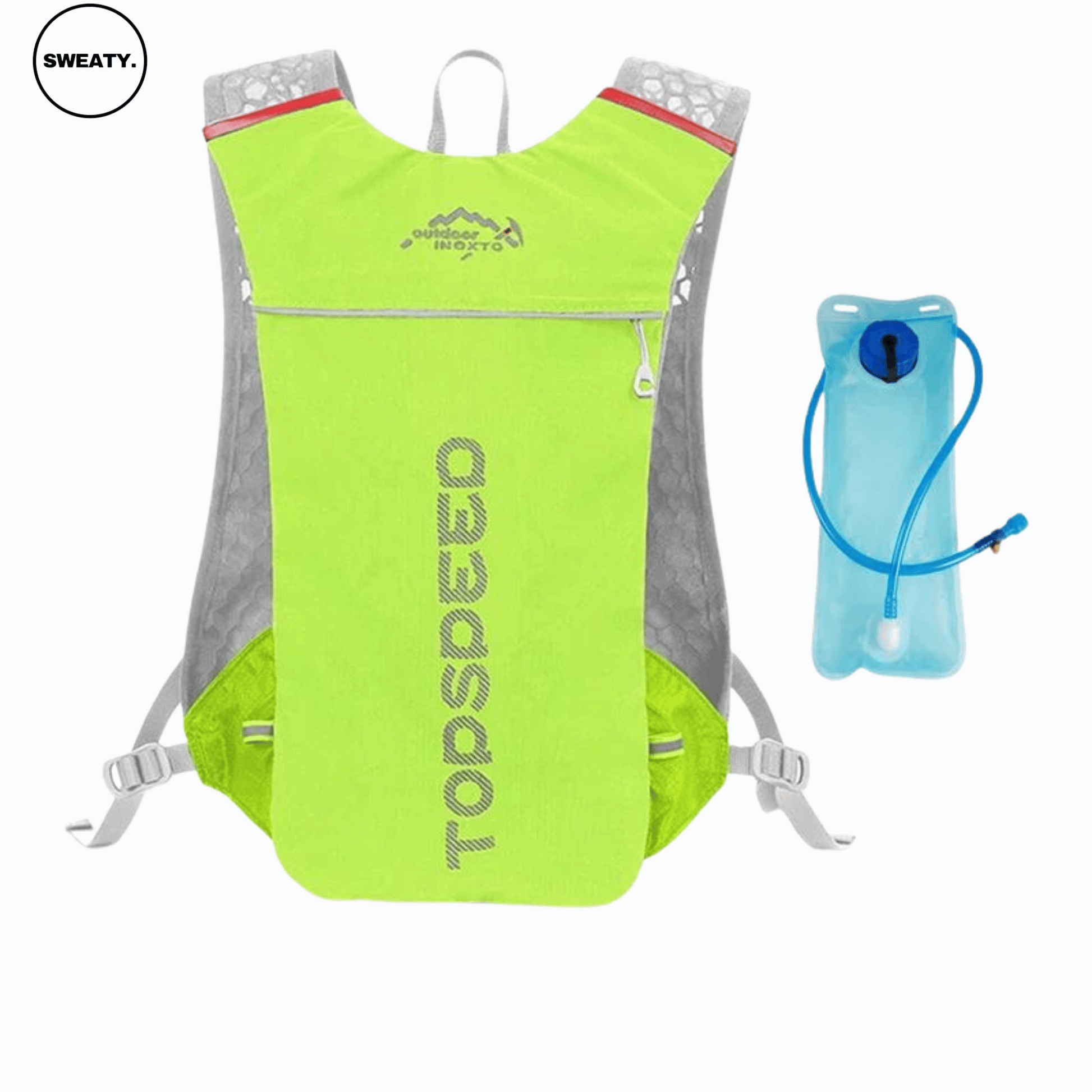 Bright green hydration vest by SWEATY, offering a water bladder and bottle for hands-free hydration during outdoor activities. Designed for comfort and optimal performance