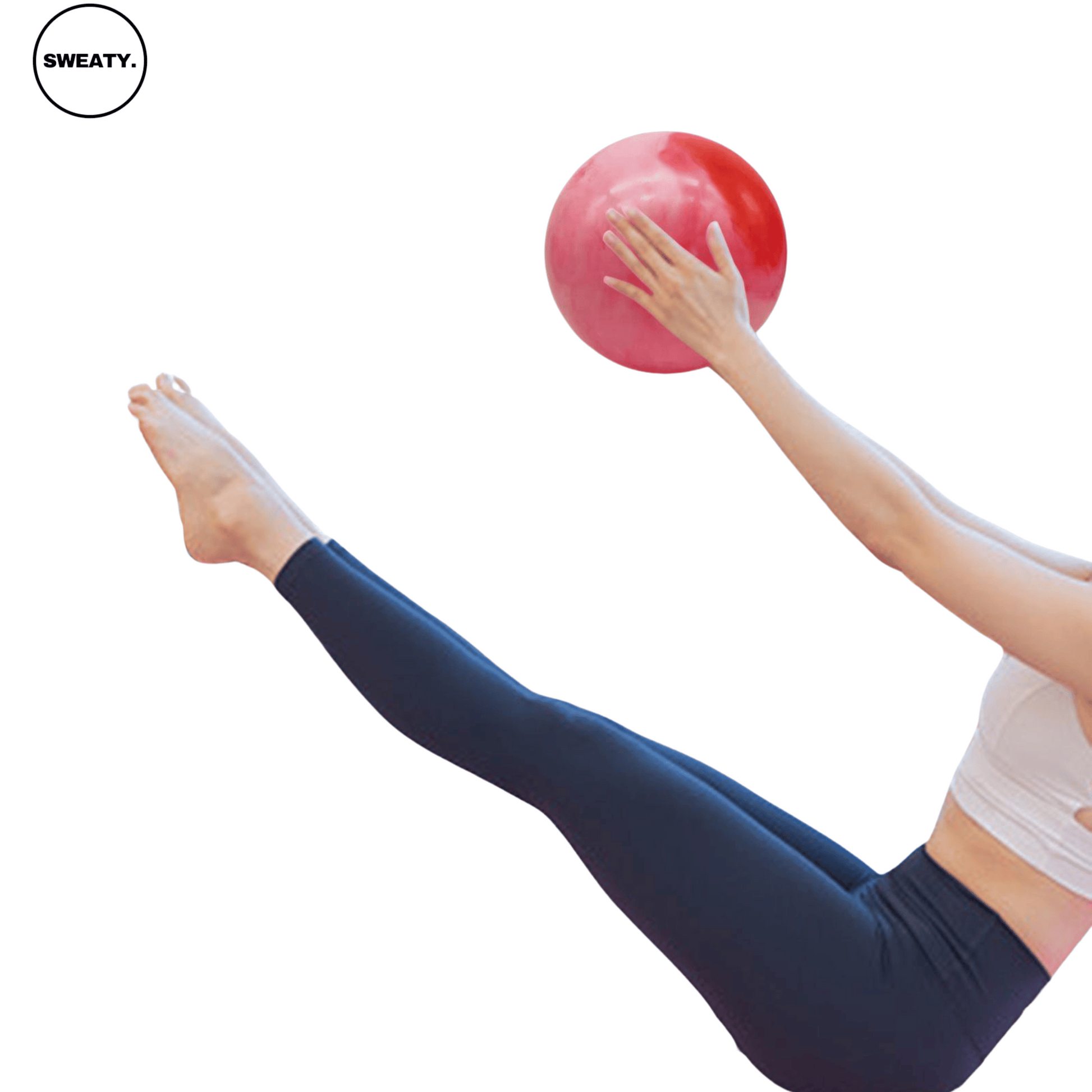 Woman performing a core strengthening exercise using a pink and red marble Pilates yoga ball from SWEATY, lying on her back with legs raised, emphasizing flexibility and balance.