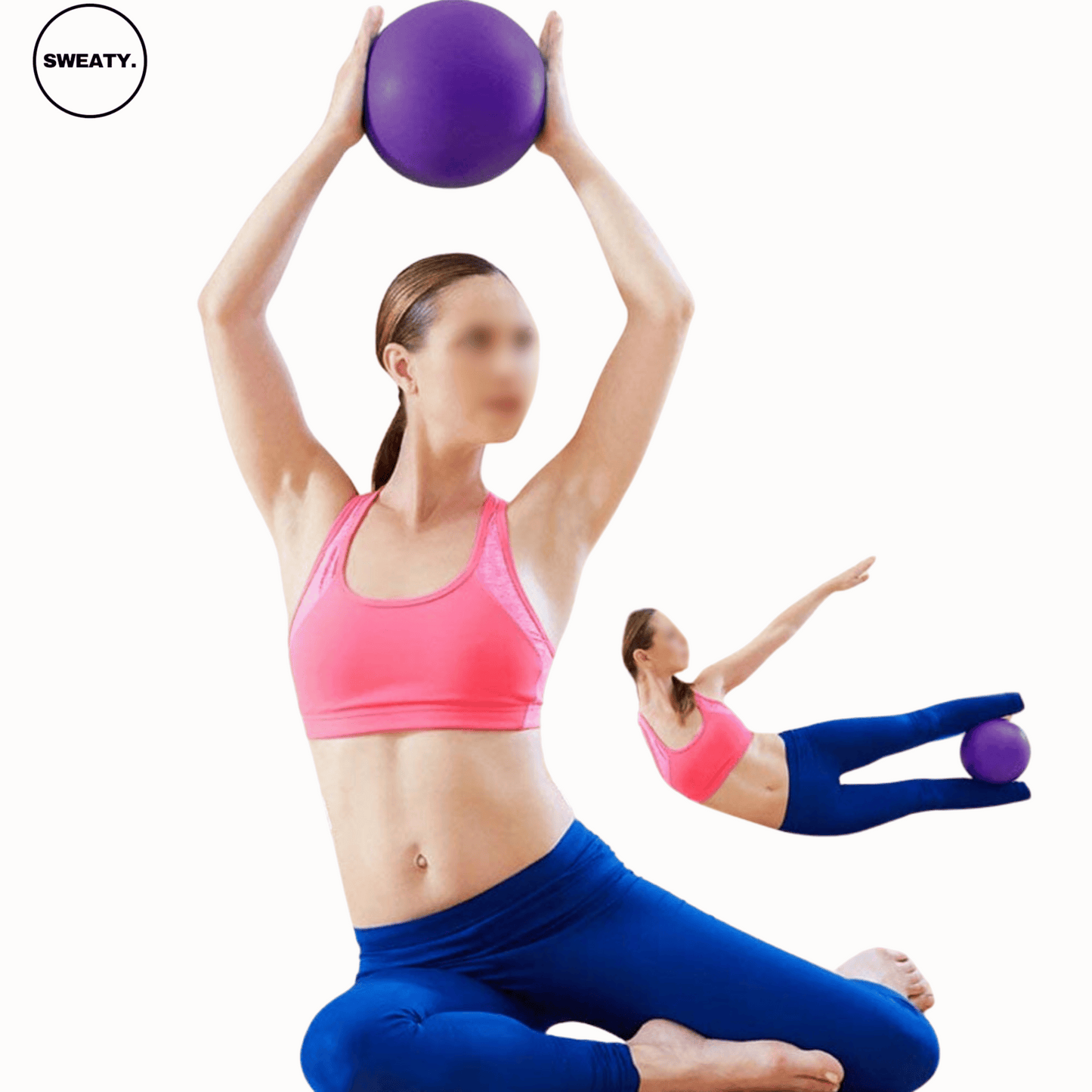 A woman in a pink sports bra and blue leggings exercising with a purple yoga pilates ball. She holds the ball overhead while sitting, demonstrating balance and flexibility exercises. A smaller image shows her lying down using the ball between her legs for core strength training.